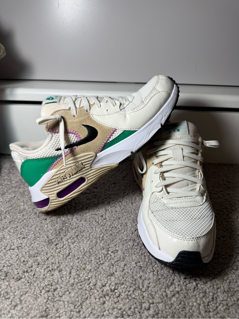 Nike Women’s Sneakers in Cream with Green, Purple & Black Accents